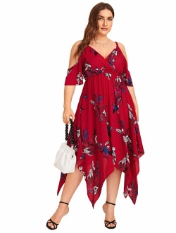 Women's Plus Size Cold Shoulder Floral Slit Hem Tropical Summer Maxi Dress