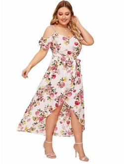 Women's Plus Size Cold Shoulder Floral Slit Hem Tropical Summer Maxi Dress