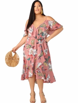 Women's Plus Size Cold Shoulder Floral Slit Hem Tropical Summer Maxi Dress