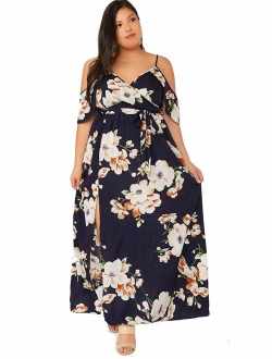 Women's Plus Size Cold Shoulder Floral Slit Hem Tropical Summer Maxi Dress