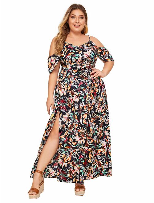 Milumia Women's Plus Size Cold Shoulder Floral Slit Hem Tropical Summer Maxi Dress