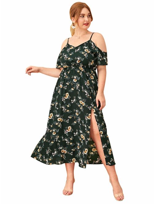 Milumia Women's Plus Size Cold Shoulder Floral Slit Hem Tropical Summer Maxi Dress