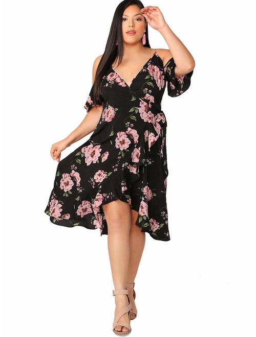 Milumia Women's Plus Size Cold Shoulder Floral Slit Hem Tropical Summer Maxi Dress