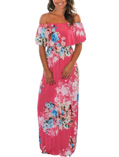 Happy Sailed Women Floral Print Off Shoulder Maxi Dresses