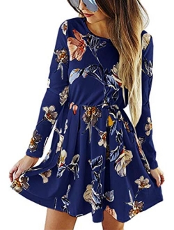 Angashion Womens Dresses Casual Floral Print Long Sleeve Swing Pleated Skater A Line Mini Dress