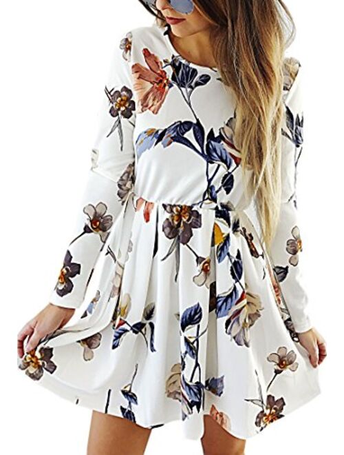 Angashion Womens Dresses Casual Floral Print Long Sleeve Swing Pleated Skater A Line Mini Dress