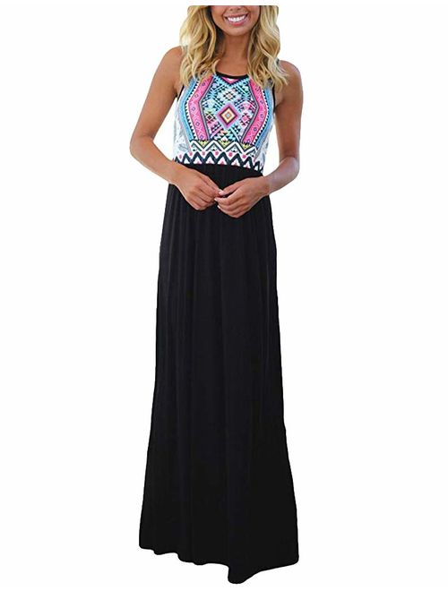 Sherosa Women Boho Chevron Striped Floral Printed Summer Sleeveless Tank Long Maxi Party Dress