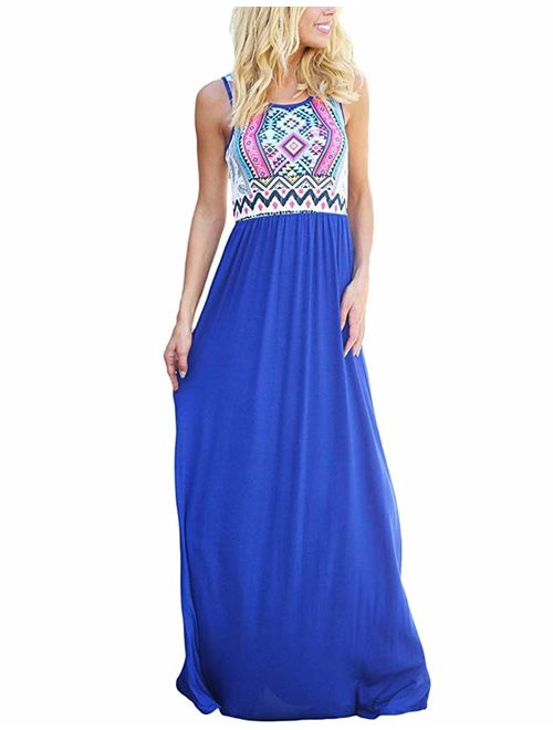 Sherosa Women Boho Chevron Striped Floral Printed Summer Sleeveless Tank Long Maxi Party Dress