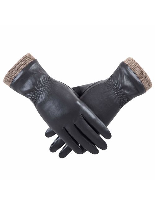 REDESS Winter Leather Gloves for Women, Wool Fleece Lined Warm Gloves, Touchscreen Texting Thick Thermal Snow Driving Gloves