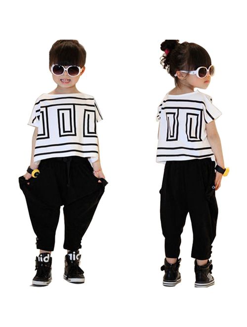 Adorable Cute Girls Clothing Set 2pcs Outfits Short Sleeve Top and Black Harem Pants Size 2-14