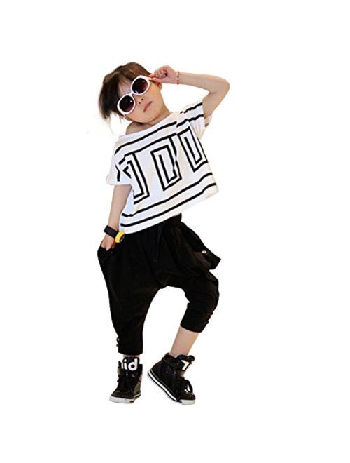 Adorable Cute Girls Clothing Set 2pcs Outfits Short Sleeve Top and Black Harem Pants Size 2-14