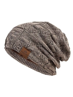 PAGE ONE Mens Winter Slouchy Beanie Warm Fleece Lined Skull Cap Baggy Cable Knit Hat