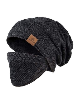 PAGE ONE Mens Winter Slouchy Beanie Warm Fleece Lined Skull Cap Baggy Cable Knit Hat