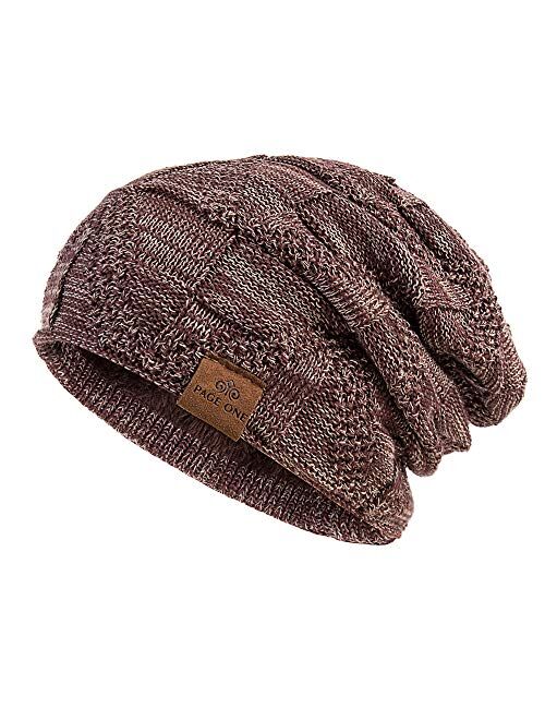 PAGE ONE Mens Winter Slouchy Beanie Warm Fleece Lined Skull Cap Baggy Cable Knit Hat