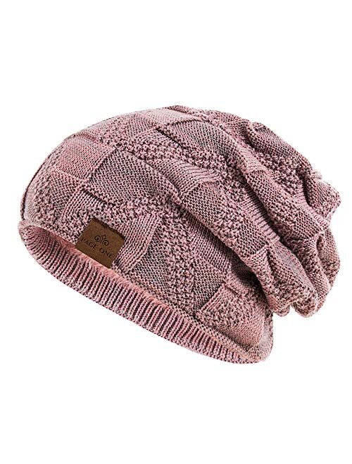 PAGE ONE Mens Winter Slouchy Beanie Warm Fleece Lined Skull Cap Baggy Cable Knit Hat