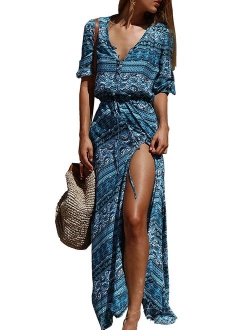 R.Vivimos Women's Summer Button Up Floral Print Split Beach Maxi Dresses