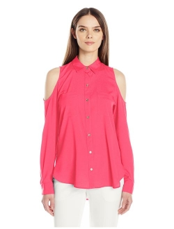 Women's Long Sleeve Cold Shoulder Button Down Top