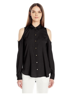 Women's Long Sleeve Cold Shoulder Button Down Top