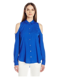 Women's Long Sleeve Cold Shoulder Button Down Top