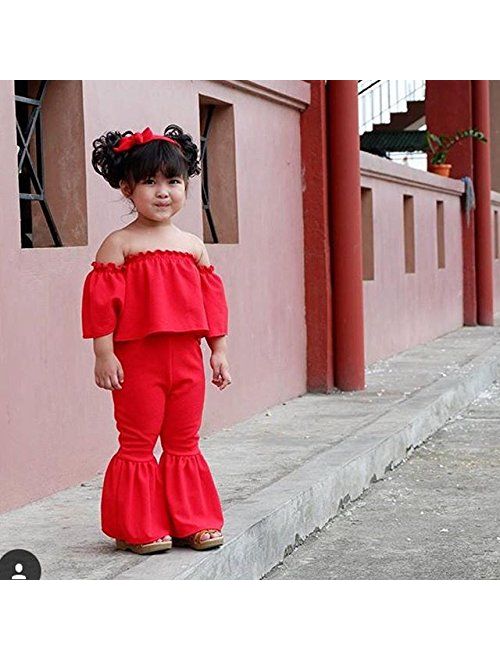 Baby Kids Girl Off-Shoulder T-Shirt Top + Long Flare Pants Ruffled Short-Sleeve Outfit Clothes Set