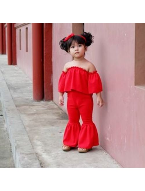 Baby Kids Girl Off-Shoulder T-Shirt Top + Long Flare Pants Ruffled Short-Sleeve Outfit Clothes Set