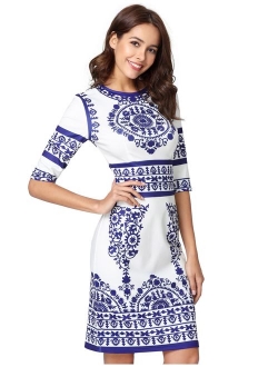 Women's Porcelain Print Work Sheath Business Pencil Dress