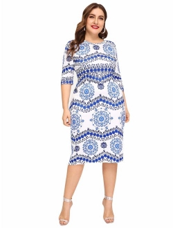 Women's Porcelain Print Work Sheath Business Pencil Dress