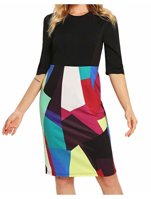 Floerns Women's Porcelain Print Work Sheath Business Pencil Dress