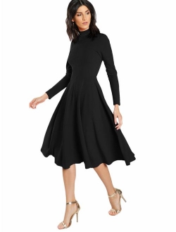 Women's High Neck Plaid Fit & Flare Midi Dress