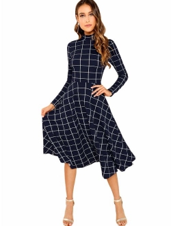 Women's High Neck Plaid Fit & Flare Midi Dress