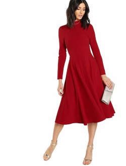 Women's High Neck Plaid Fit & Flare Midi Dress