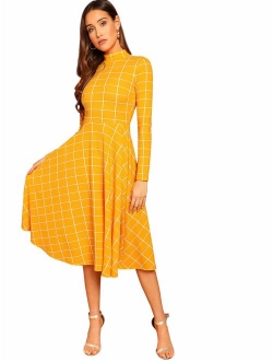 Women's High Neck Plaid Fit & Flare Midi Dress