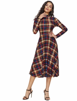 Women's High Neck Plaid Fit & Flare Midi Dress