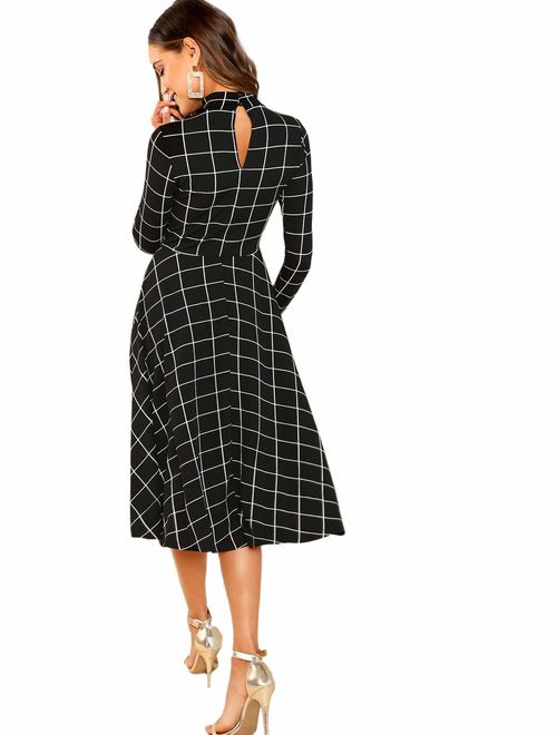 Floerns Women's High Neck Plaid Fit & Flare Midi Dress