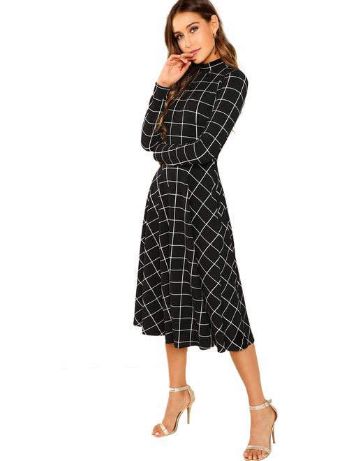 Floerns Women's High Neck Plaid Fit & Flare Midi Dress