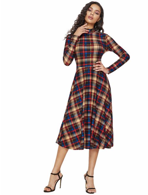 Floerns Women's High Neck Plaid Fit & Flare Midi Dress