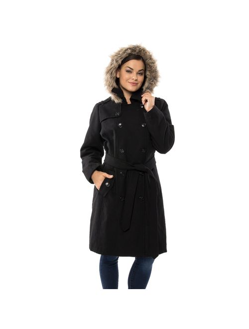 alpine swiss Womens Parka Trench Pea Coat Belt Jacket Fur Hood Reg & Plus Sizes