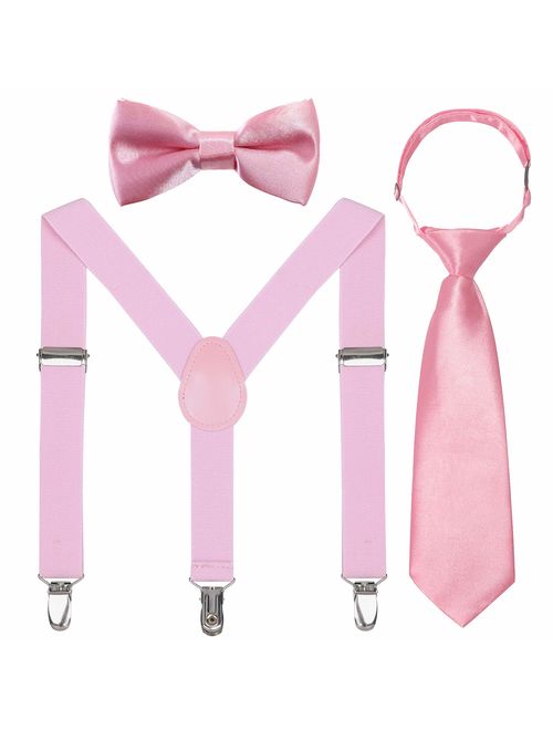 Kids Suspender Bowtie Necktie Sets - Adjustable Elastic Classic Accessory Sets for 6 Months to 13 Year Old Boys & Girls