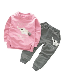 BomDeals Cute Cat Elephant Print Toddler Baby Girls Clothes Set,Long Sleeve T-Shirt +Pants Outfit