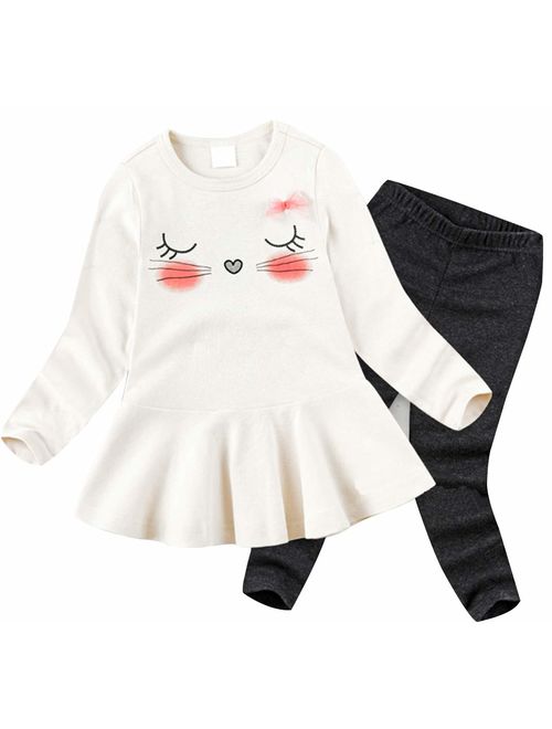 BomDeals Cute Cat Elephant Print Toddler Baby Girls Clothes Set,Long Sleeve T-Shirt +Pants Outfit