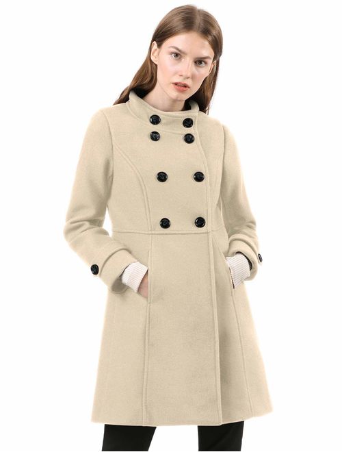 Allegra K Women's Stand Collar Double Breasted Slant Pockets Trendy Outwear Winter Coat