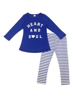 Jastore Girls 2 Piece Set Blue Long Sleeve T-Shirt and Stripes Leggings