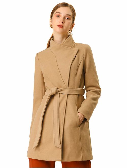 Allegra K Women's Classic Stand Collar Long Sleeve Winter Belted Long Coat