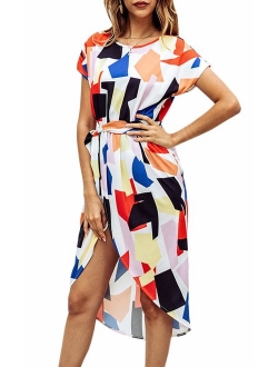 ECOWISH Summer Casual Geometric Pattern Belted Short Side Slit Dress