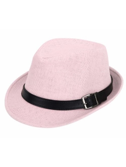 Simplicity Panama Style Trilby Fedora Straw Sun Hat with Leather Belt