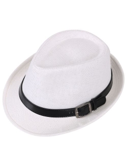 Simplicity Panama Style Trilby Fedora Straw Sun Hat with Leather Belt