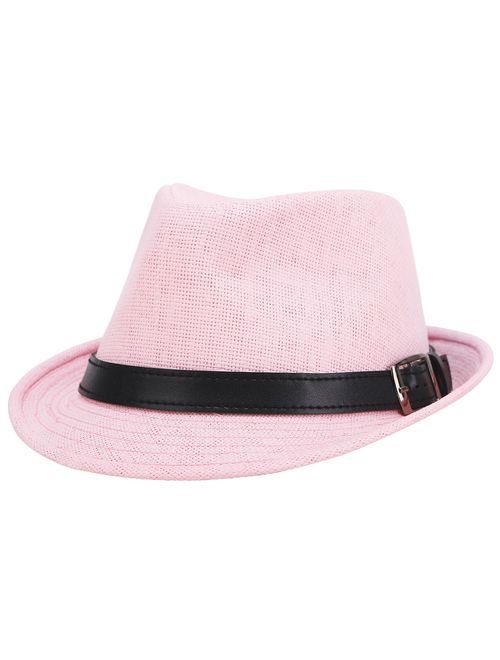 Simplicity Panama Style Trilby Fedora Straw Sun Hat with Leather Belt