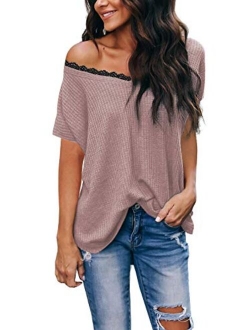 iGENJUN Women's Casual V-Neck Off-Shoulder Batwing Sleeve Pullover Sweater Tops