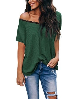 iGENJUN Women's Casual V-Neck Off-Shoulder Batwing Sleeve Pullover Sweater Tops