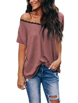 iGENJUN Women's Casual V-Neck Off-Shoulder Batwing Sleeve Pullover Sweater Tops